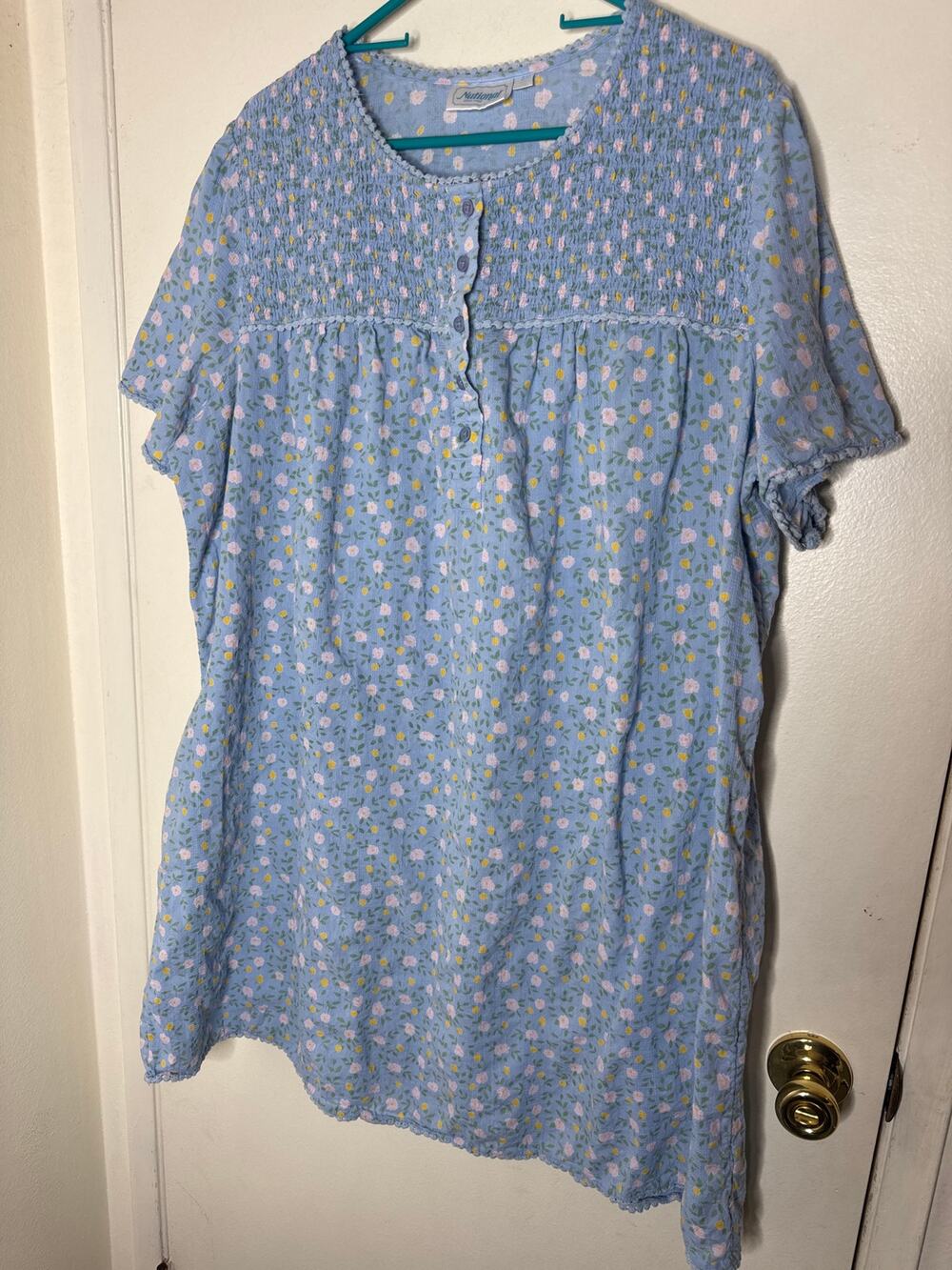 Vintage Style National Blue Floral House Dress Lounger Smocked Yoke 2X Prairie